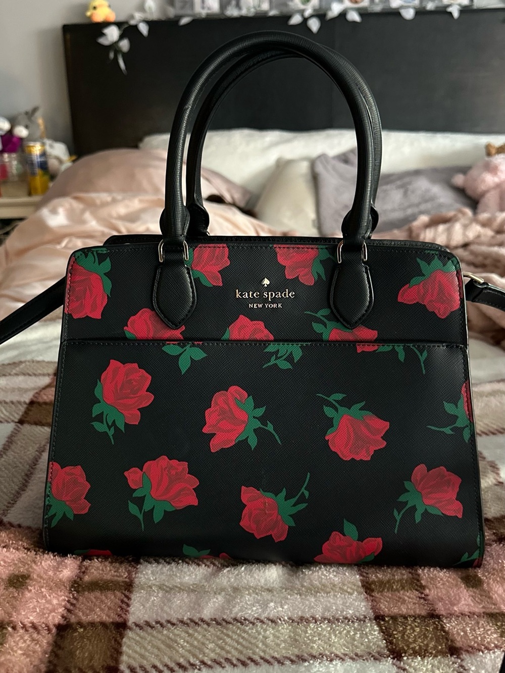 kate spade black satchel with red rose print